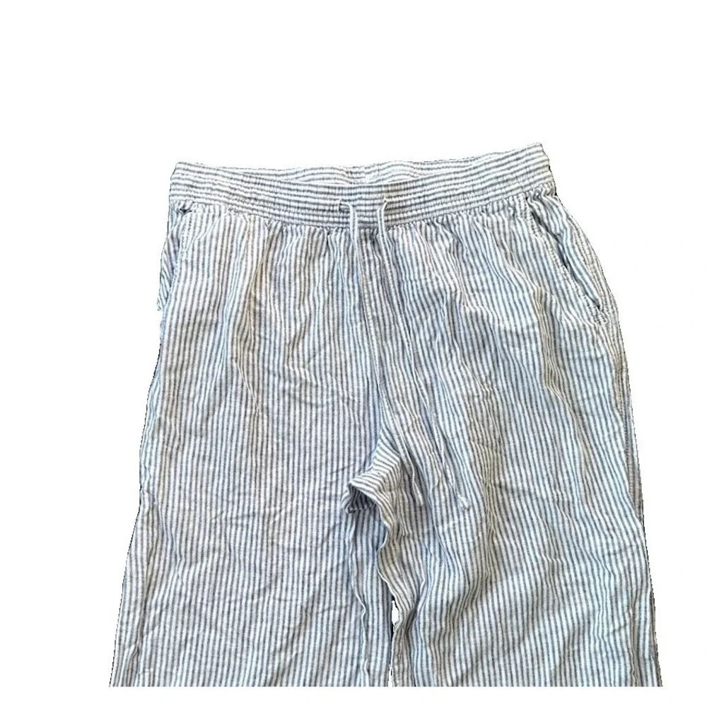 H&M Linen Blend Blue White Pinstripe Wide Leg Pants Small Casual Coastal Resort